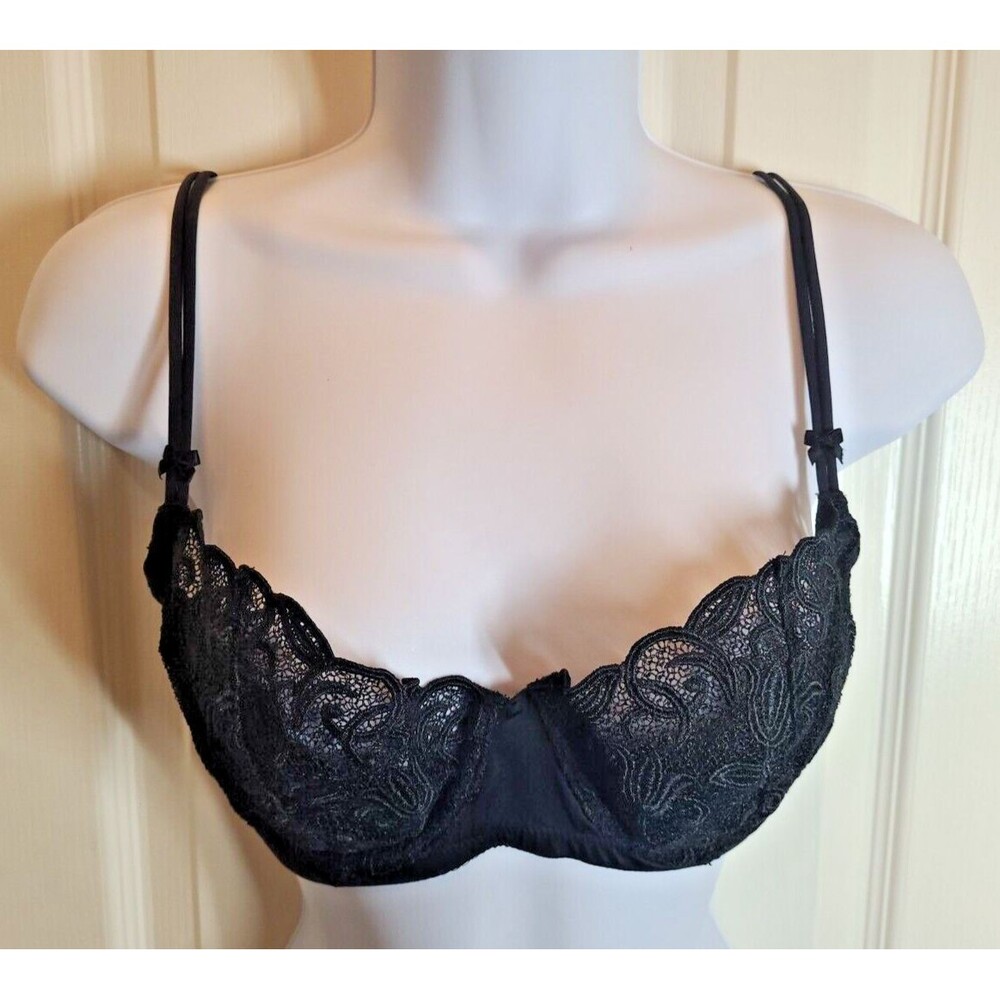 Vintage Victoria's Secret Bra 38B 1990s BLACK Lace Split Strap Bows Semi Sheer